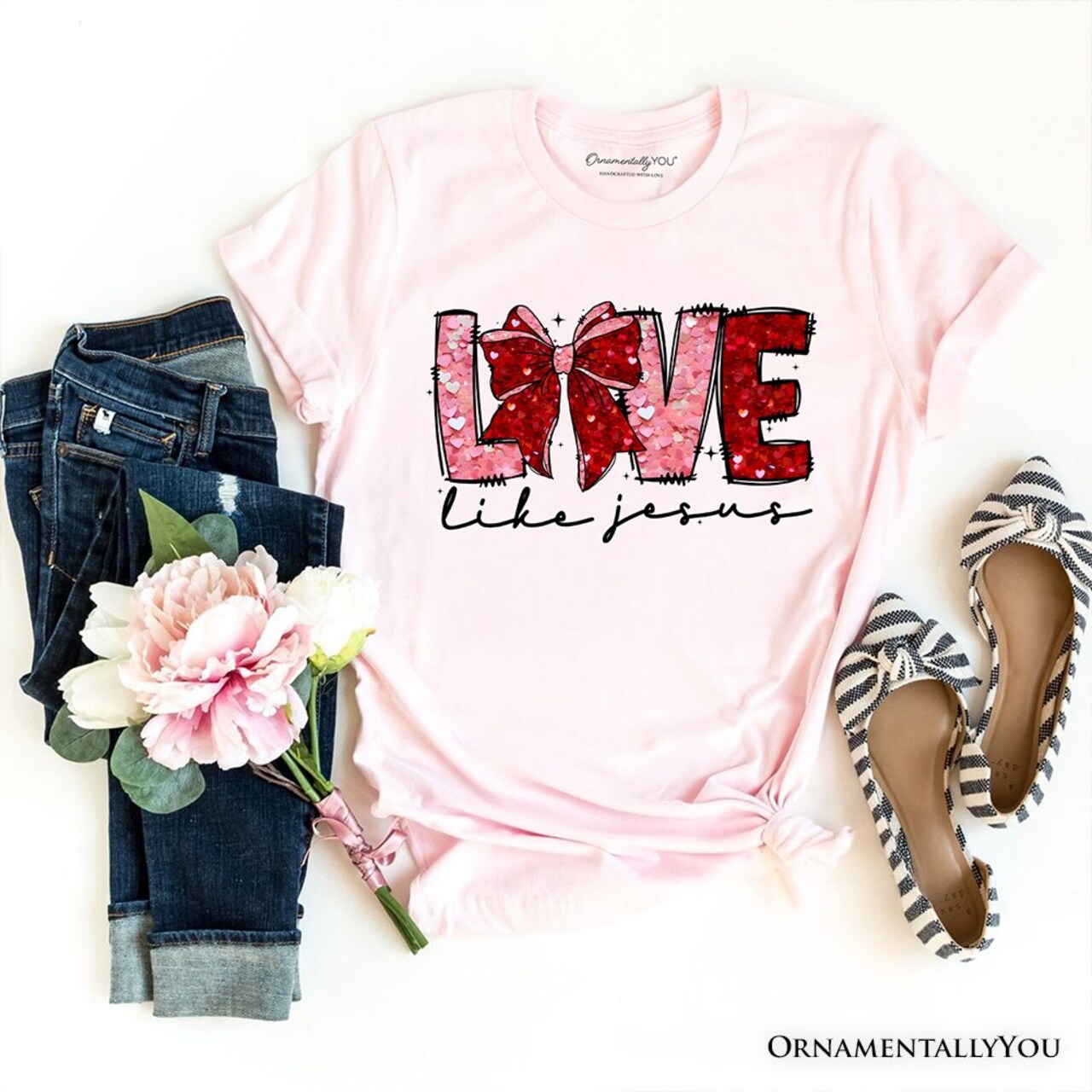 Love Like Jesus Coquette Bow Valentine T-Shirt, Christian Hearts Tee